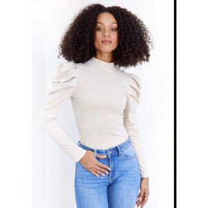 Fab'rik Womens London Suede Ceam Ivory Bodysuit LARGE Puff Sleeves Mock Neck